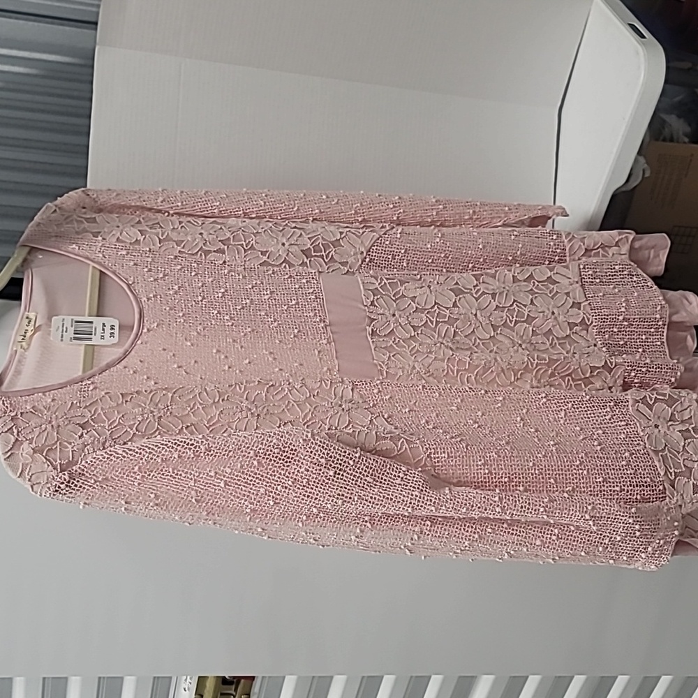 Indigo Soul Women's Lined Lace Layered Tunic 2XL Sequin Detail Long Sleeves Pink - Picture 3 of 10